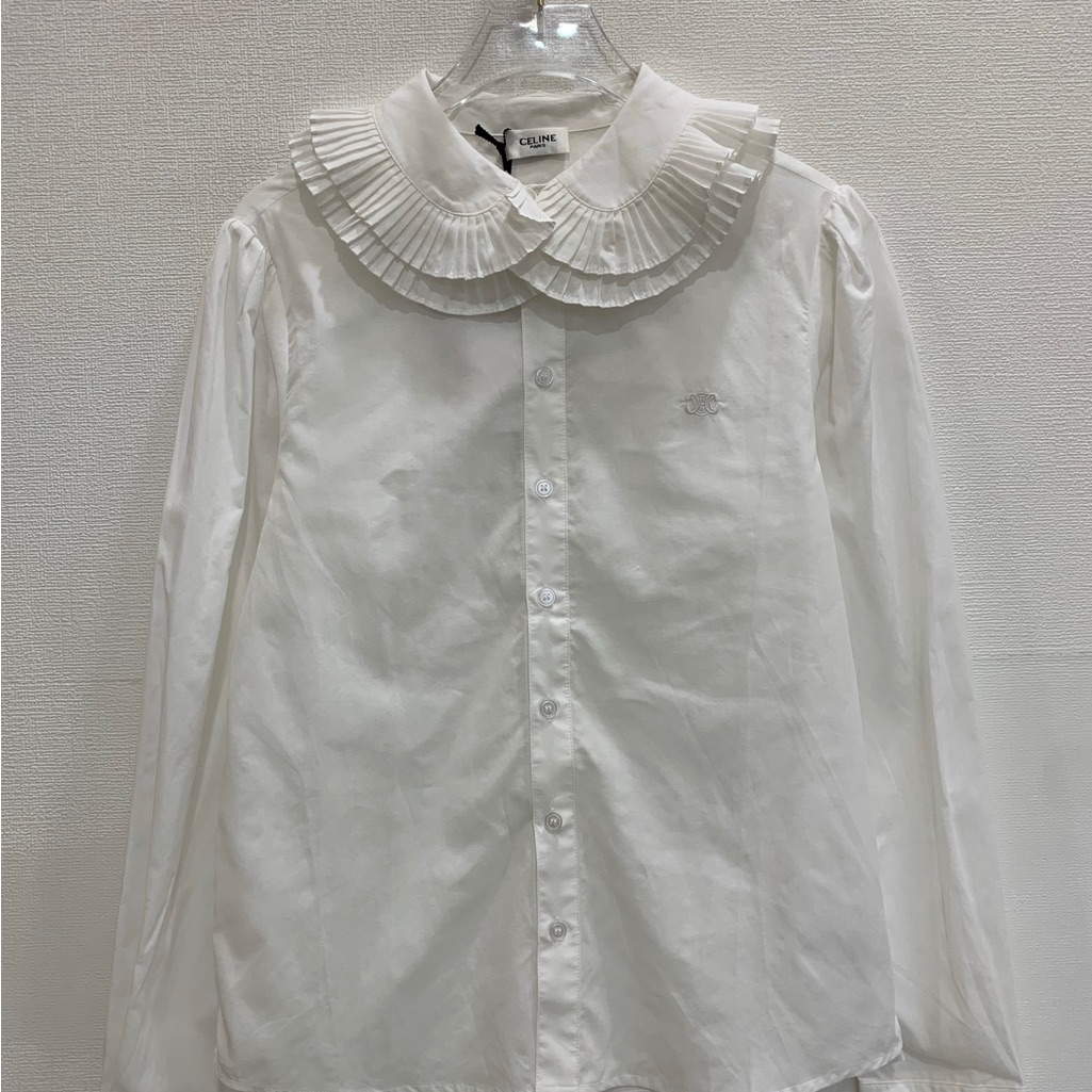 Celine White Cotton Button-Down Shirt With Double Pleated Peter Pan Collar